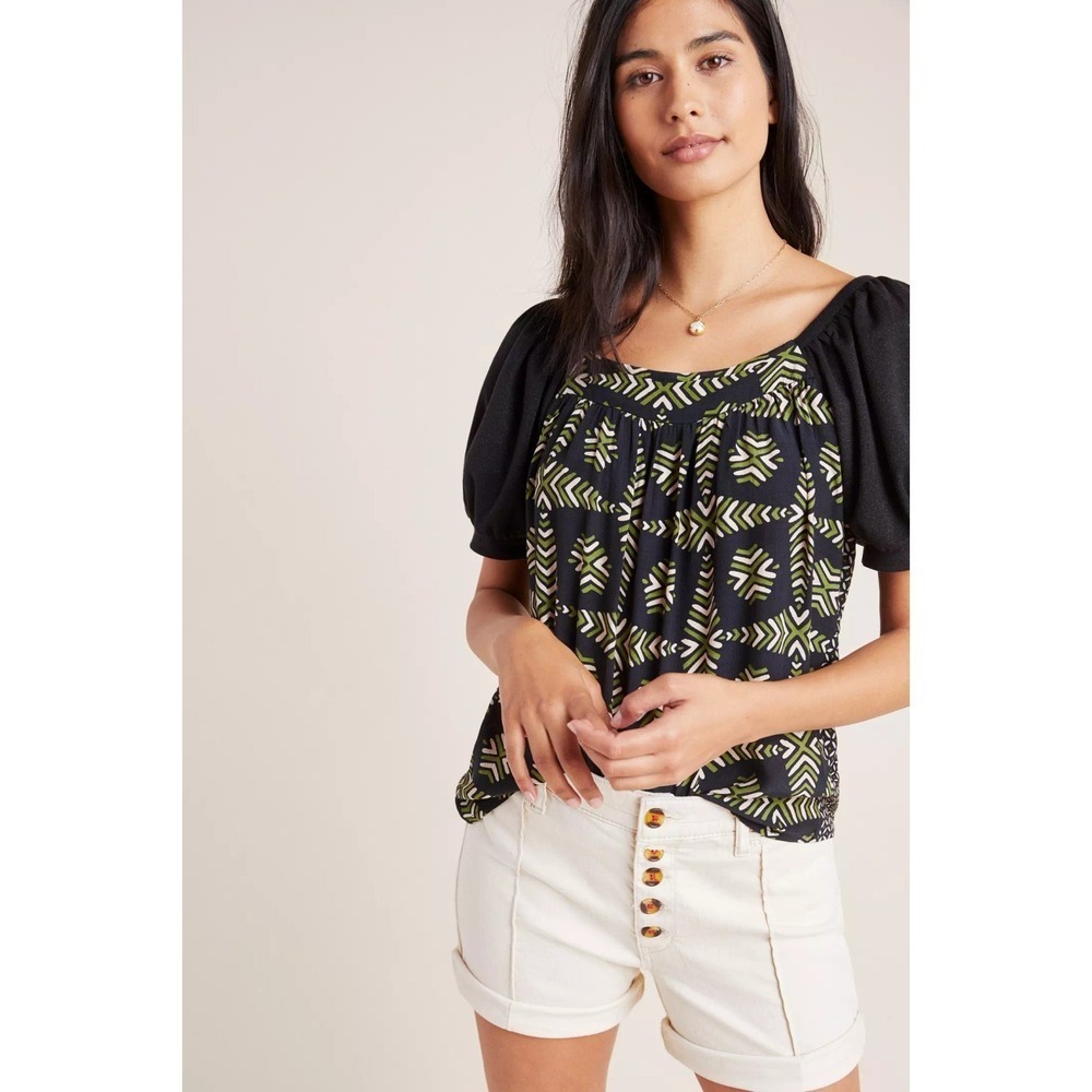 Anthropologie‎ Maeve Tunic Top Medium Catania Geometric Boho Sparkly Puff Sleeve